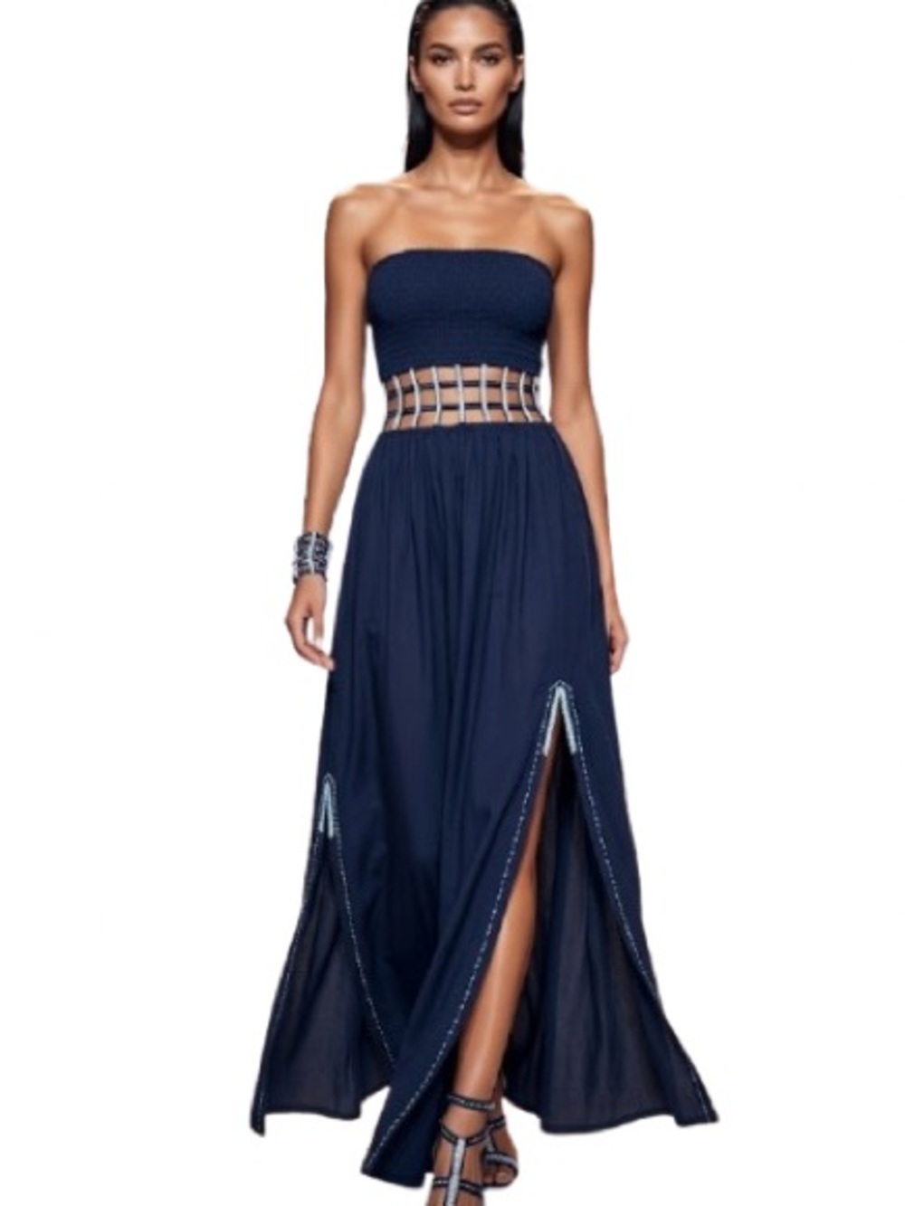 Skemo Navy Beaded Lattice Waist Strapless Maxi Dress Cutout Waist – Fits S/M